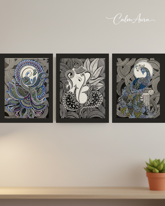 Handmade Zentangle triptych artwork titled ZenGanesha – Celestial Harmony. Central Ganesha surrounded by two peacocks, intricate black and white patterns symbolizing balance, blessings, grace, and harmony between spirit and nature.