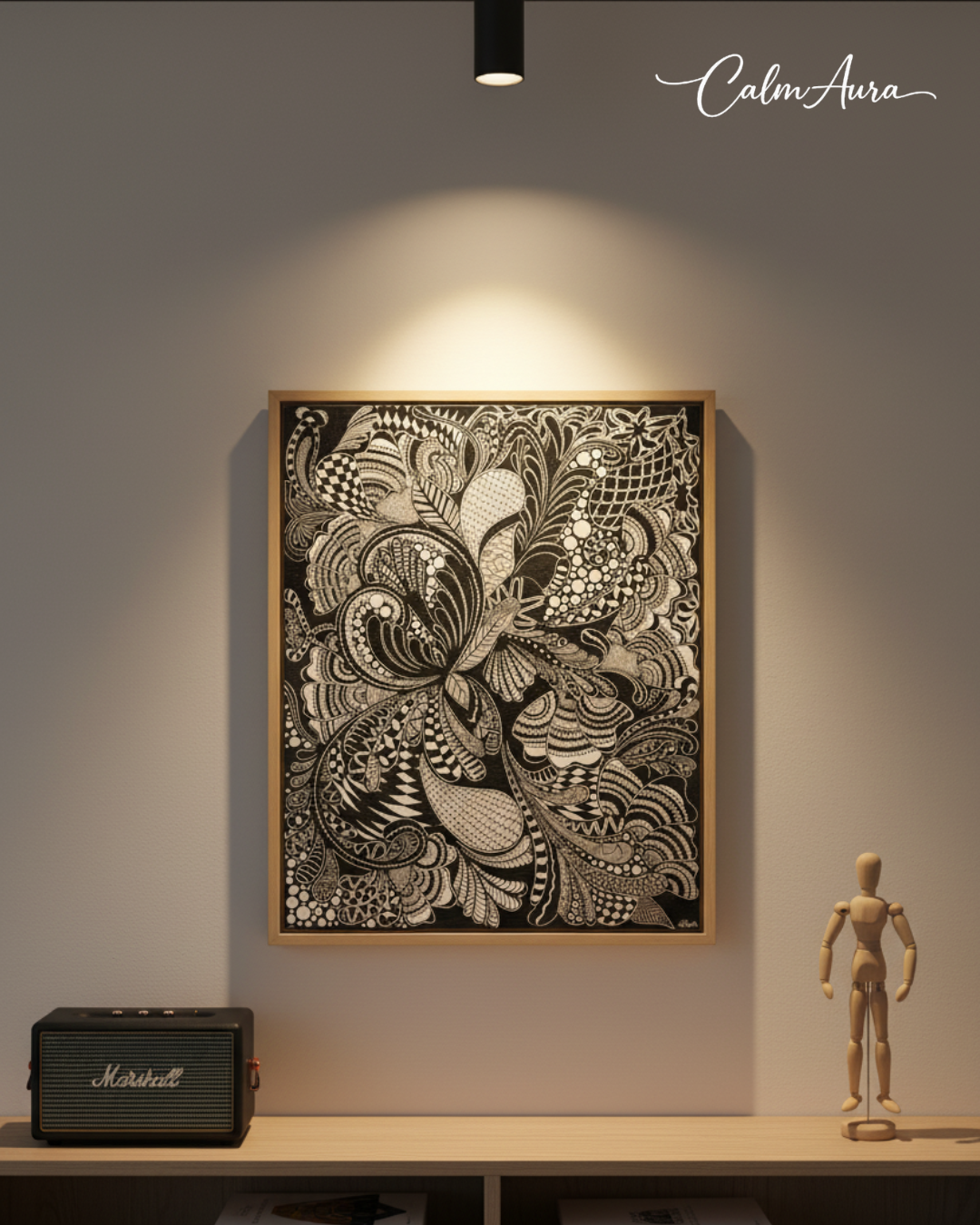 Handmade Zentangle canvas artwork titled ZenAbstract – Systematic Meditation. Black and white intricate patterns with flowing lines and curves, creating a minimalist yet detailed design symbolizing order emerging from chaos.