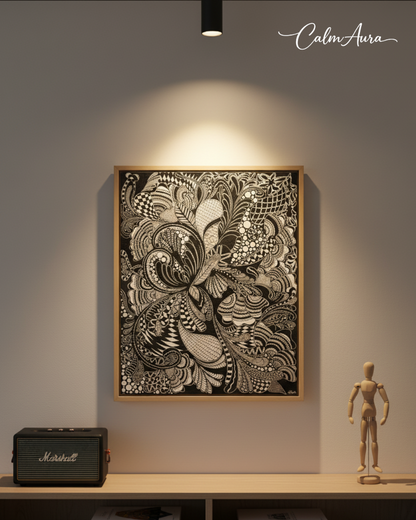 Handmade Zentangle canvas artwork titled ZenAbstract – Systematic Meditation. Black and white intricate patterns with flowing lines and curves, creating a minimalist yet detailed design symbolizing order emerging from chaos.