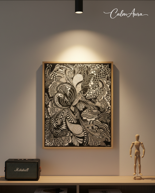 Handmade Zentangle canvas artwork titled ZenAbstract – Systematic Meditation. Black and white intricate patterns with flowing lines and curves, creating a minimalist yet detailed design symbolizing order emerging from chaos.