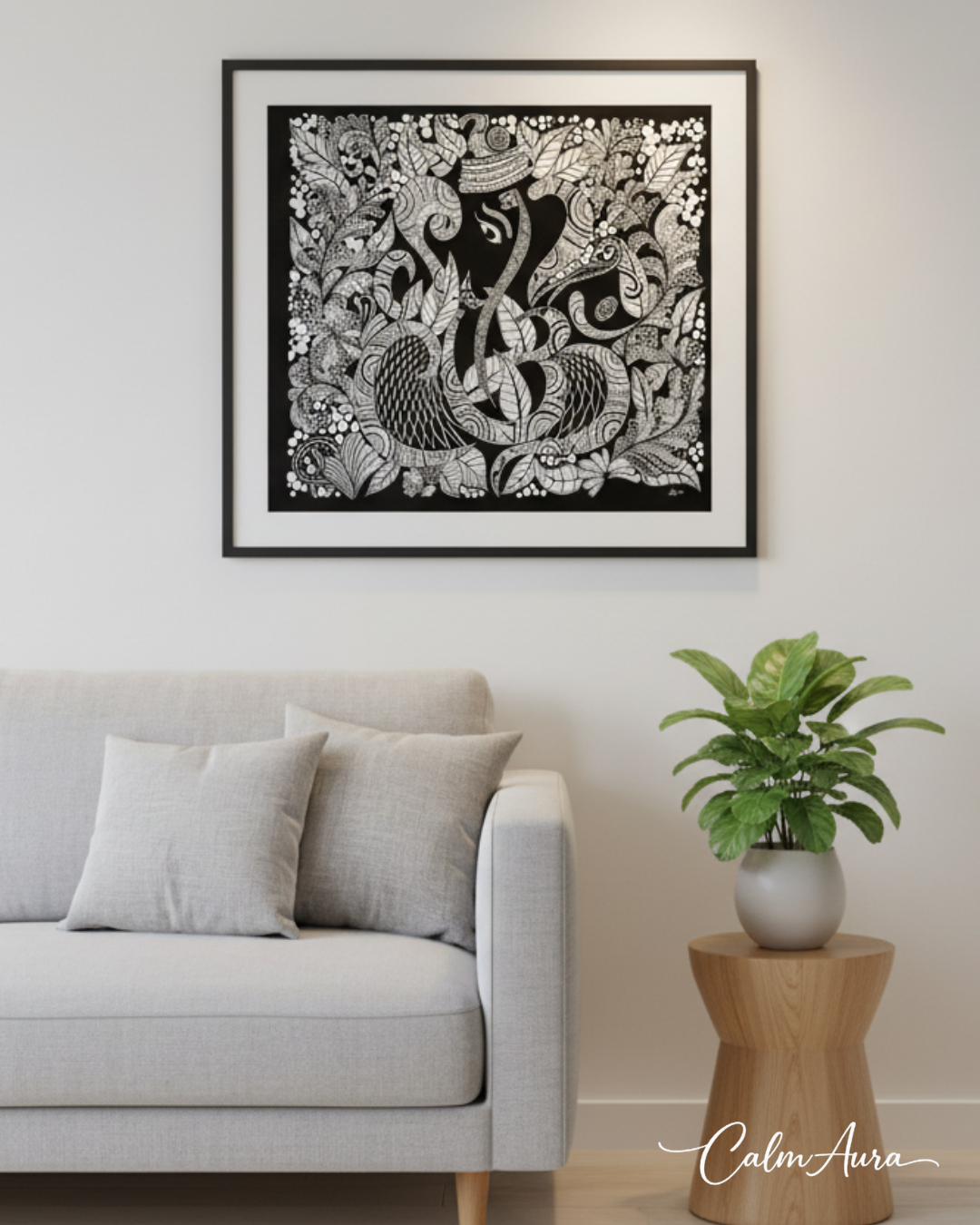 Handmade Zentangle canvas artwork titled ZenGanesha – Sacred Beginnings. Intricate black and white patterns forming Lord Ganesha, symbolizing discipline, meditation, faith, and new beginnings.