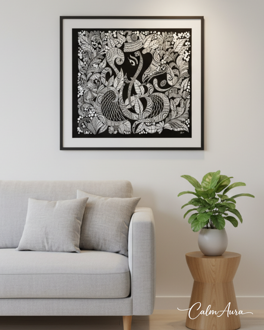 Handmade Zentangle canvas artwork titled ZenGanesha – Sacred Beginnings. Intricate black and white patterns forming Lord Ganesha, symbolizing discipline, meditation, faith, and new beginnings.