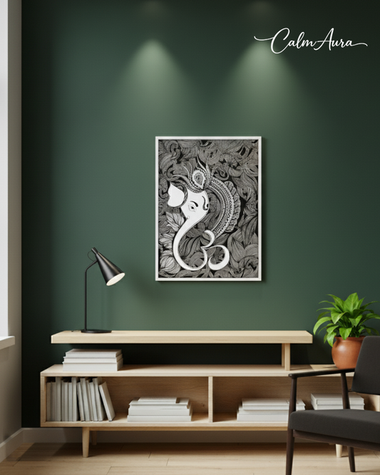 Handmade Zentangle canvas artwork titled ZenGanesha – Eternal Blessings. Intricate black and white patterns forming Lord Ganesha, symbolizing calm, wisdom, devotion, and abundance.