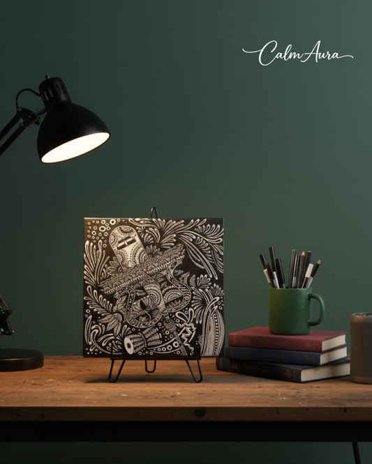 Handmade Zentangle canvas artwork titled ZenShiva – Tranquil Power. Intricate black and white patterns forming Lord Shiva, symbolizing endurance, inner calm, strength in stillness, and timeless serenity.