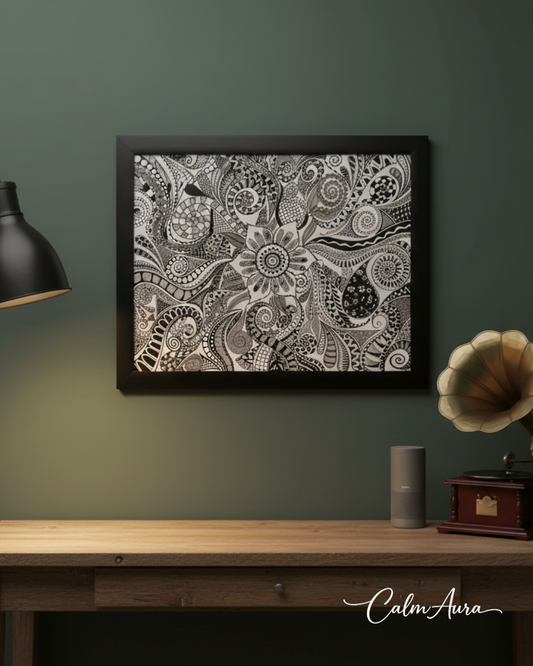 Handmade Zentangle canvas artwork titled ZenFlaura – Harmony in Bloom. Intricate black and white floral patterns with flowing petals and curves, symbolizing serenity, balance, and peaceful growth.