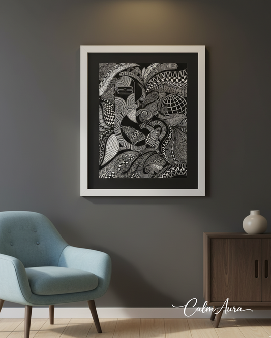 Handmade Zentangle canvas artwork titled ZenShiva – Cosmic Balance. Intricate black and white patterns forming Lord Shiva, symbolizing strength, serenity, balance, and order from chaos.