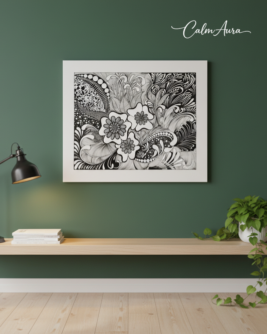 Handmade Zentangle canvas artwork titled ZenFlaura – Petals of Serenity. Intricate black and white floral design with detailed petals and curves, symbolizing patience, calm, and quiet beauty.