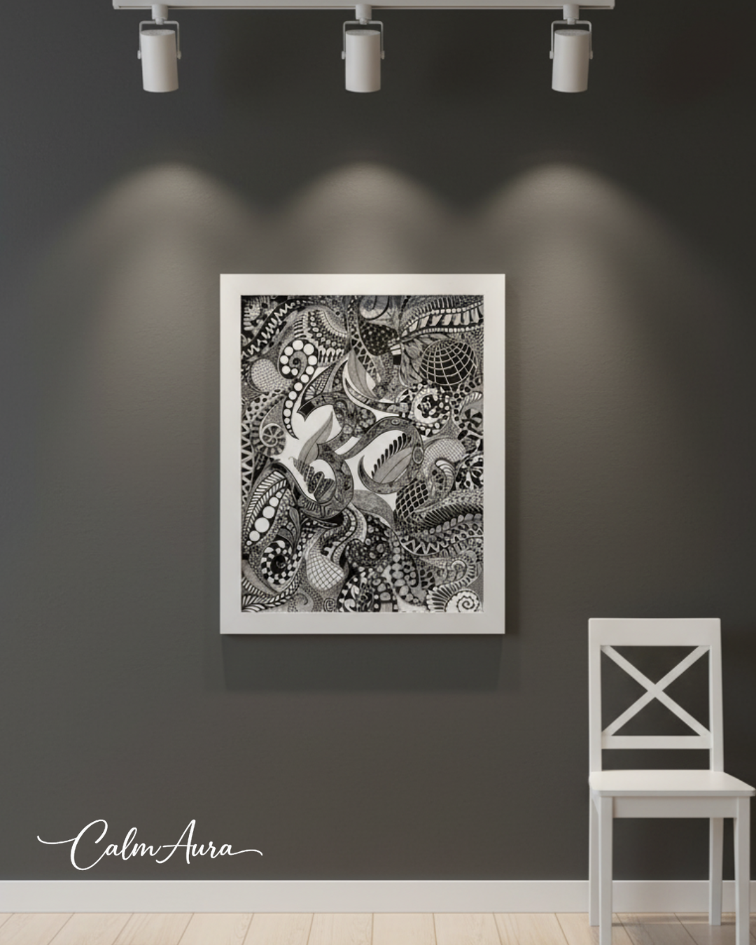 Handmade Zentangle canvas artwork titled ZenOm – Sacred Resonance. Intricate black and white patterns inspired by the sacred symbol Om, symbolizing vibration, harmony, balance, and stillness.