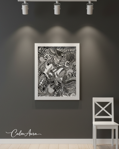 Handmade Zentangle canvas artwork titled ZenOm – Sacred Resonance. Intricate black and white patterns inspired by the sacred symbol Om, symbolizing vibration, harmony, balance, and stillness.