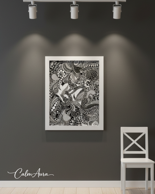 Handmade Zentangle canvas artwork titled ZenOm – Sacred Resonance. Intricate black and white patterns inspired by the sacred symbol Om, symbolizing vibration, harmony, balance, and stillness.